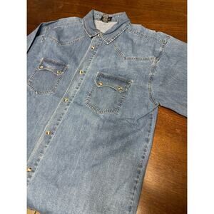 VTG Western Denim Pearl Snap Button Shirt Men Large Grunge Aztec Fringe Boho